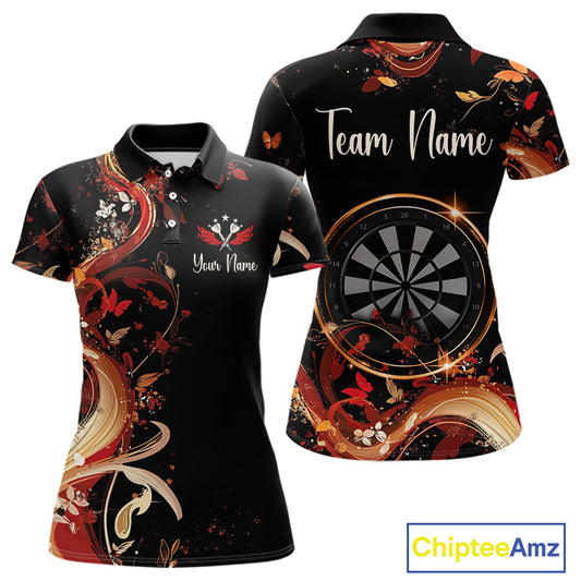 Women's Custom Darts Shirt With Fiery Butterfly Drift Flowers & Golden Dartboards NYN0288