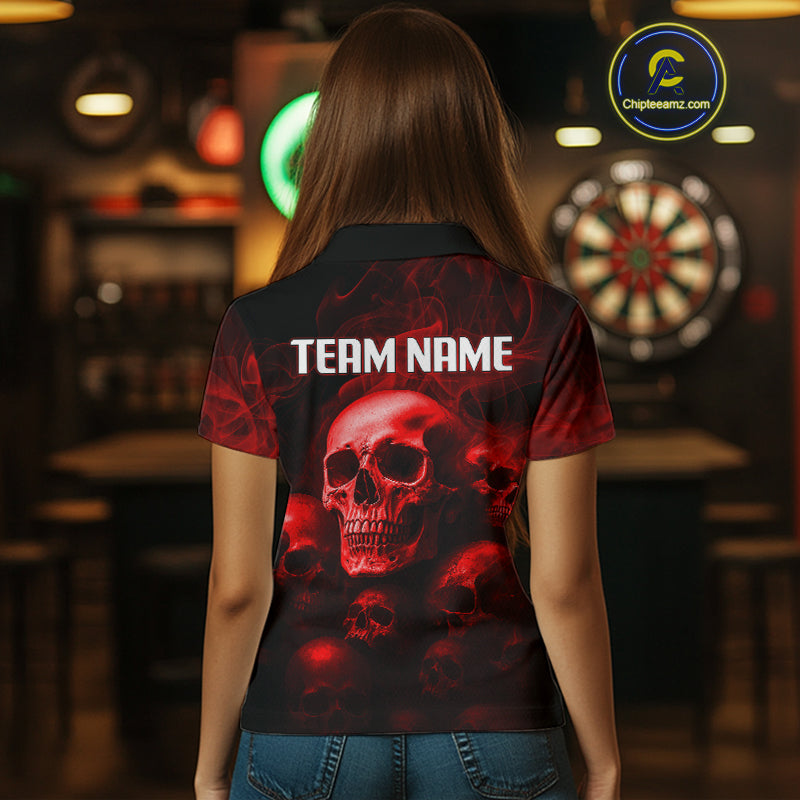 Red Smoke Dartboard & Multi Skulls Women's Darts Shirt - Custom Name For Players NYN0572
