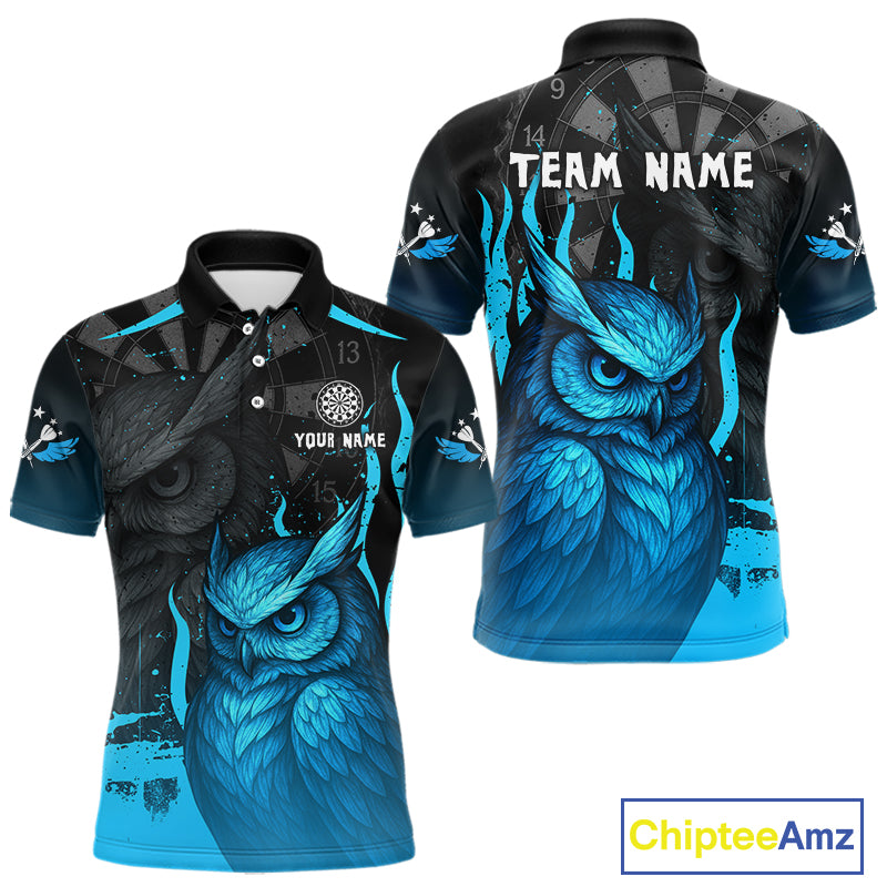 Men’s Darts Shirt With Navy Owl And Grunge Dartboard, Custom Name Option NYN0305