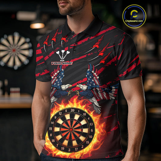 Flaming Darts & US Flag Eagle Men's Red Darts Polo Shirt - Custom Name For Dart Players NYN0802
