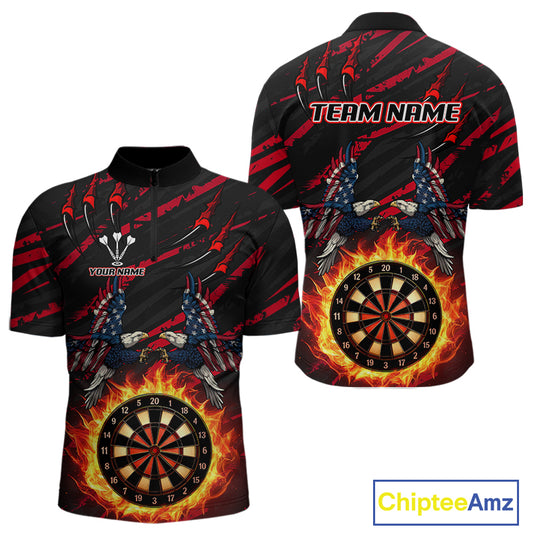 Flaming Darts & US Flag Eagle Men's Red Darts 1/4-Zip Shirt - Custom Name For Dart Players NYN0802