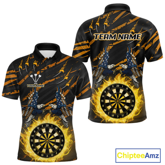 Flaming Darts & US Flag Eagle Men's Yellow Darts Polo Shirt - Custom Name For Dart Players NYN0804