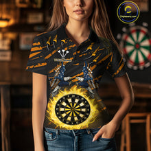 Load image into Gallery viewer, Flaming Darts &amp; US Flag Eagle Women's Yellow Darts Polo Shirt - Custom Name For Dart Players NYN0804