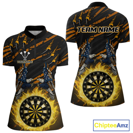 Flaming Darts & US Flag Eagle Women's Yellow Darts 1/4-Zip Shirt - Custom Name For Dart Players NYN0804