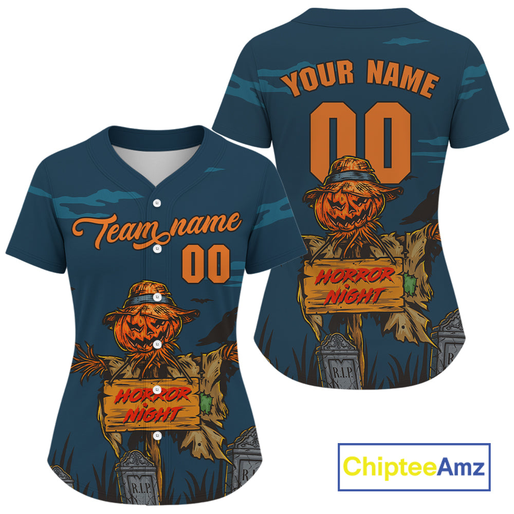 Custom Pumpkin Horror Blue Halloween Women Baseball Jersey Halloween Baseball Gifts NYN1283