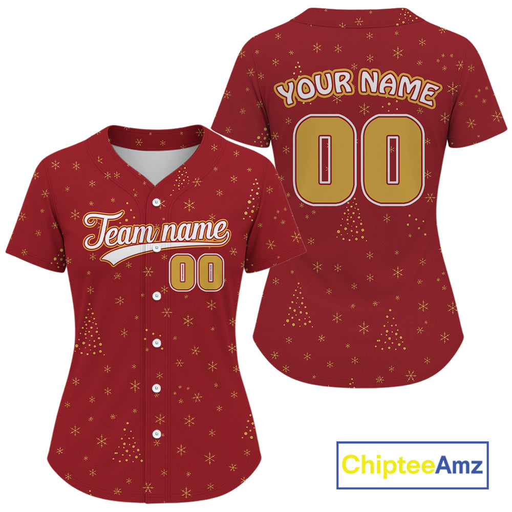 Custom Red Snowflake Xmas Baseball Jersey For Women Merry Christmas Baseball Shirt NYN1301