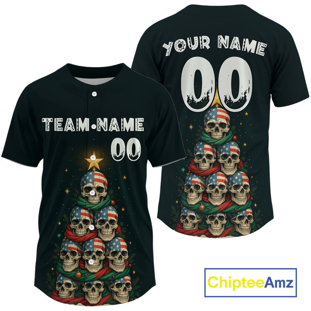 Custom US Flag Skull Christmas Baseball Shirt For Men Funny Skull Xmas Baseball Jerseys NYN1310