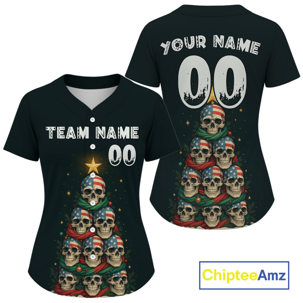 Custom US Flag Skull Christmas Baseball Shirt For Women Funny Skull Xmas Baseball Jerseys NYN1310