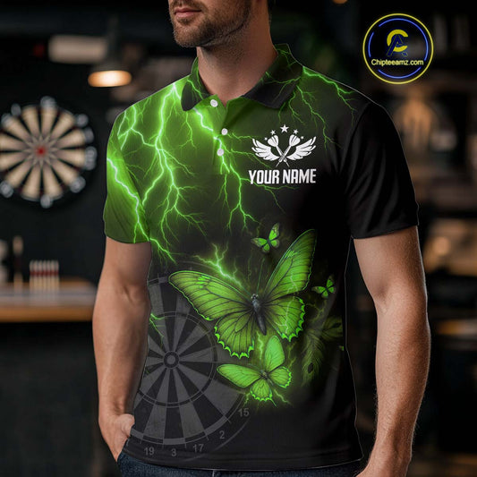 Custom Men Polo Darts Shirt With Emerald Lightning & Glowing Butterfly, Darts Jersey NYN1021