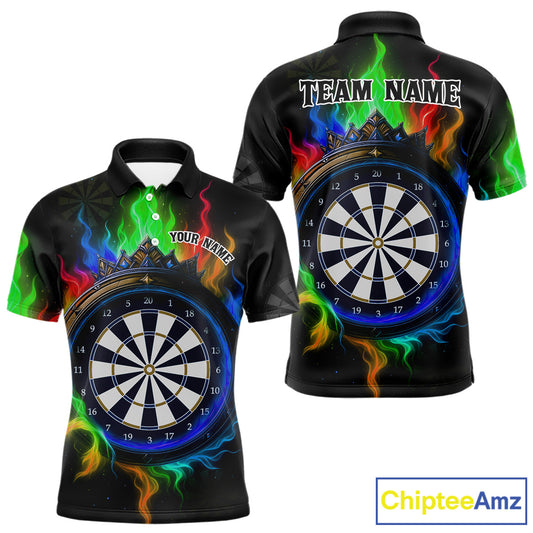 Multicolor Flaming & Blue Dartboard Darts Shirt For Men - Custom Name & Team Jersey NYN0621