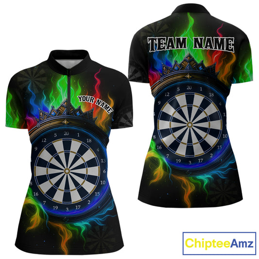 Multicolor Flaming & Blue Dartboard Darts Shirt For Wmoen - Custom Name & Team Jersey NYN0621