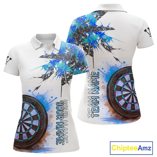 Custom Grey And Blue Splashed Dartboard Darts Polo Shirt For Women Darts Team Jerseys NYN0947