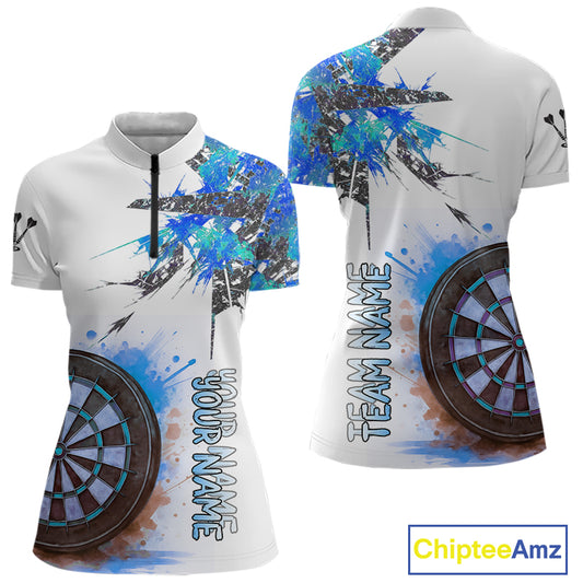 Custom Grey And Blue Splashed Dartboard Darts 1/4-Zip Shirt For Women Darts Team Jerseys NYN0947
