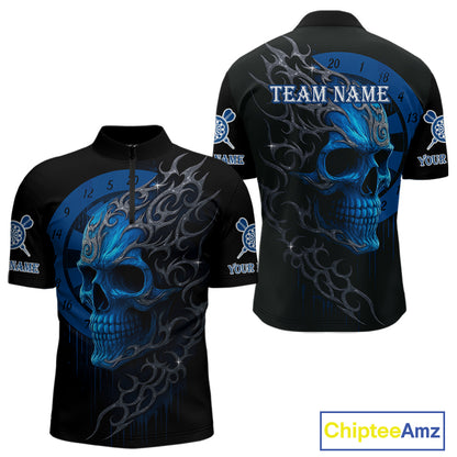 Custom Blue Skull Dartboard 1/4-Zip Dart Shirt Personalized Outfits Dart Jersey For Men NYN1316