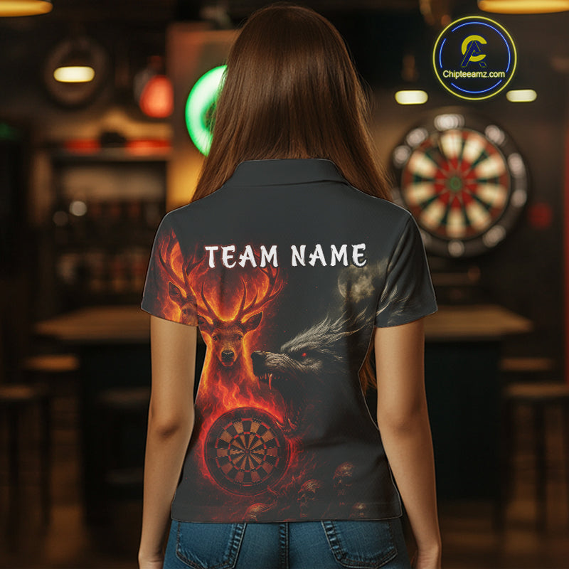 Custom Wolf Flaming Deer Dartboard Polo Dart Shirt For Women Outfits Flame Dart Team Jersey NYN1313