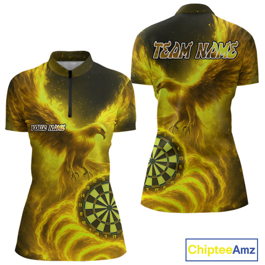 Custom Yellow Flames Phoenix Dartboard Darts Jersey Personalized Darts 1/4-Zip Shirt For Women NYN0970