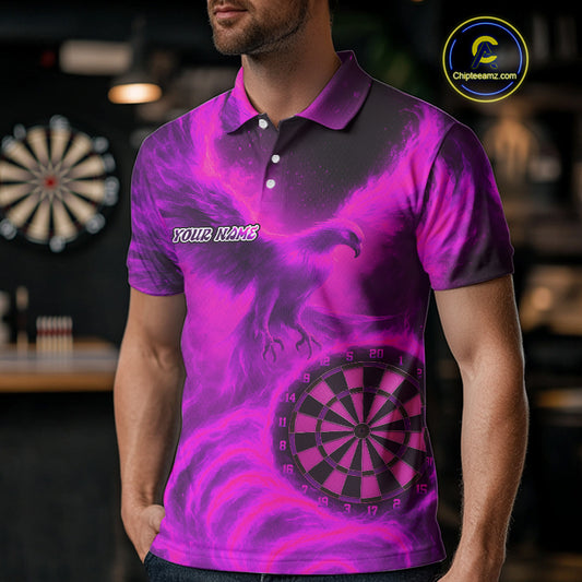 Men's Darts Polo Shirt Personalized Flaming Phoenix Dartboard Darts Jersey | Pink NYN1028