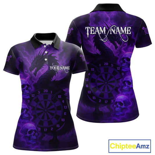 Custom Skull Dragon Purple Dartboard Women Polo & 1/4-Zip Dart Shirt, Darts Team Jerseys NYN1090