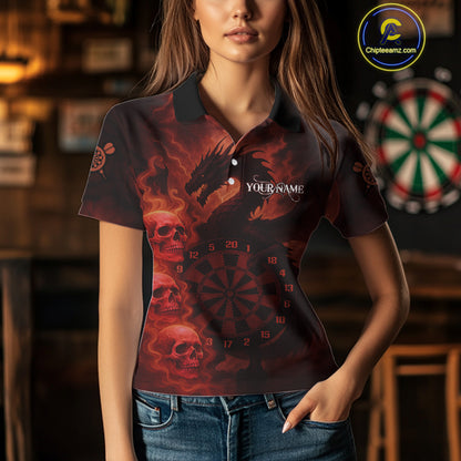 Custom Skull Dragon Red Dartboard Women Polo & 1/4-Zip Dart Shirt, Darts Team Jerseys NYN1091