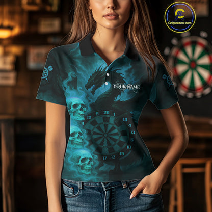 Custom Skull Dragon Turquoise Dartboard Women Polo & 1/4-Zip Dart Shirt, Darts Team Jerseys NYN1092