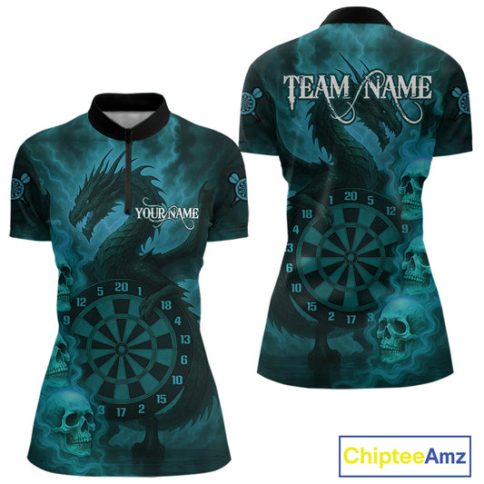 Custom Skull Dragon Turquoise Dartboard Women Polo & 1/4-Zip Dart Shirt, Darts Team Jerseys NYN1092