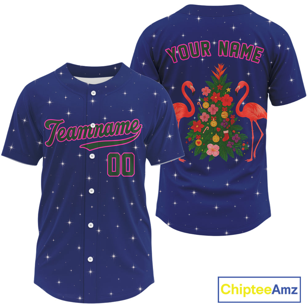 Custom Blue And Pink Flamingo Xmas Baseball Jersey For Men Outfit Christmas Baseball Gifts NYN1289