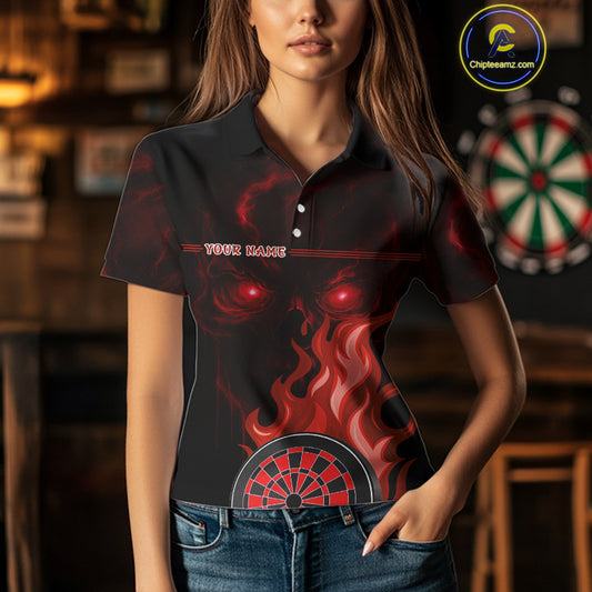 Custom Black And Red Flames Skull Dartboard Polo Dart Shirt For Women Outfit Dart Team Jerseys NYN0926