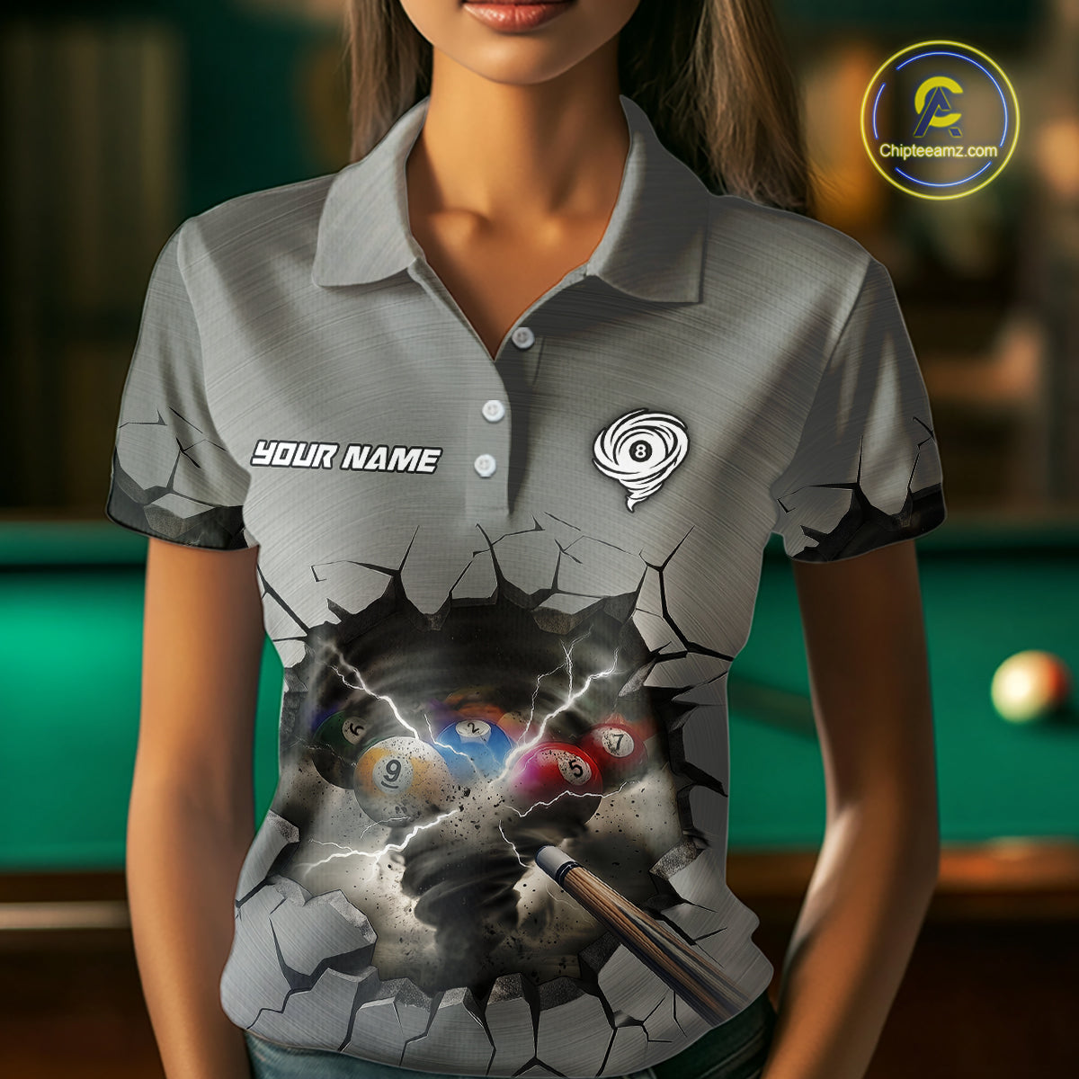 Funny Tornado Grey Billiard Ball Shirt For Women Personalized Thunder 8 Ball Pool Team Jersey NYN2985