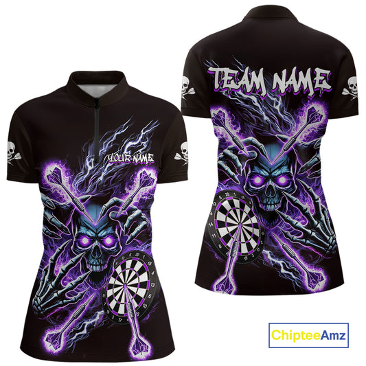 Personalized Purple Skeleton Thunder Lightning Women Dart Quarter- Zip Shirt Skull Dart Jerseys NYN2119