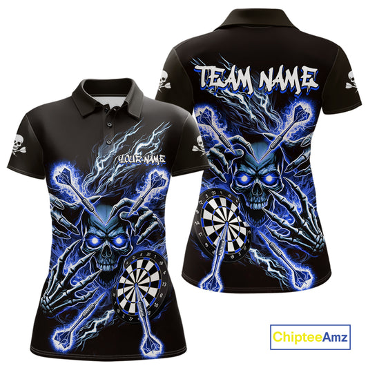 Personalized Blue Skeleton Thunder Lightning Women Dart Polo Shirts Skull Dart Jerseys NYN2120