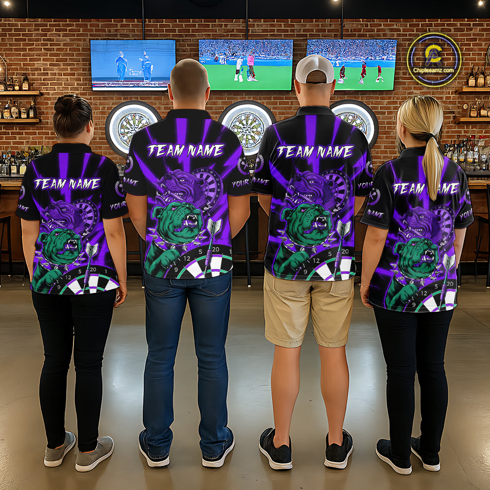 Custom Purple Neon Fierce Bulldog Thunder Women Darts Quarter- Zip Shirt Funny Dart League Jerseys NYN2126