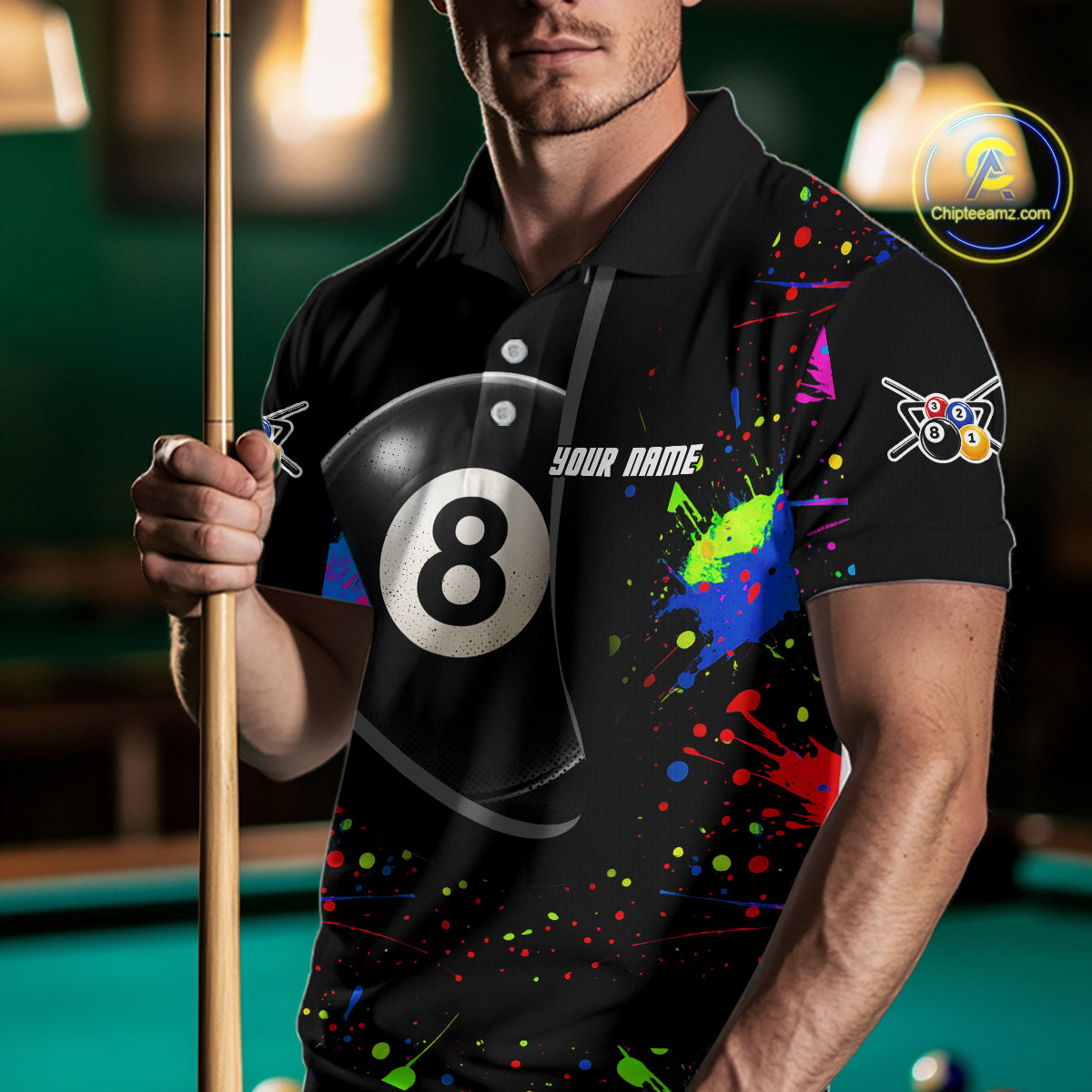 Colorful Splatter 8 Ball Pool Men Billiard Polo & 1/4-Zip Shirt Custom Billiards Balls Attire NYN2392