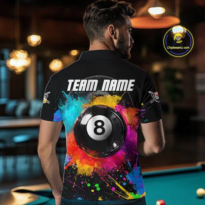 Colorful Splatter 8 Ball Pool Men Billiard Polo & 1/4-Zip Shirt Custom Billiards Balls Attire NYN2392