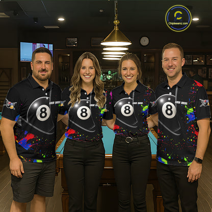 Colorful Splatter 8 Ball Pool Men Billiard Polo & 1/4-Zip Shirt Custom Billiards Balls Attire NYN2392