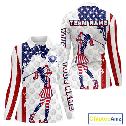 Custom Patriotic Golf Polo Shirts, Grunge US Flag Golf Ball White Women Best Golf Clothing Shirts NYN2991