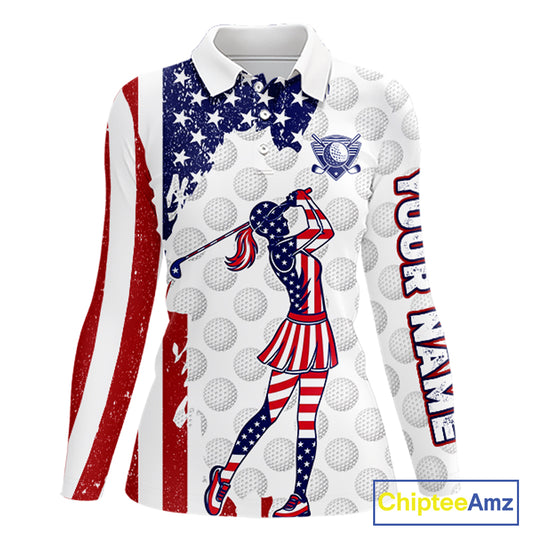 Custom Patriotic Golf Polo Shirts, Grunge US Flag Golf Ball White Women Best Golf Clothing Shirts NYN2991