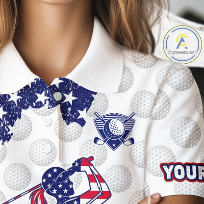 Custom Patriotic Golf Polo Shirts, Grunge US Flag Golf Ball White Women Best Golf Clothing Shirts NYN2991
