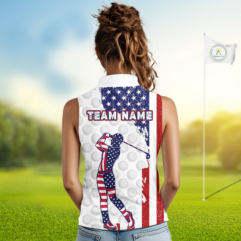 Custom Patriotic Golf Sleeveless Polo Shirts, Grunge US Flag Golf Ball White Women Best Golf Clothing Shirts NYN2991