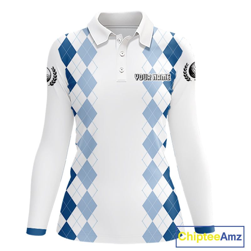 Womens Argyle Pattern Golf Polo Shirts, Blue Argyle Golf Attire Custom Golf Clubs Pattern Upf Shirts NYN2999
