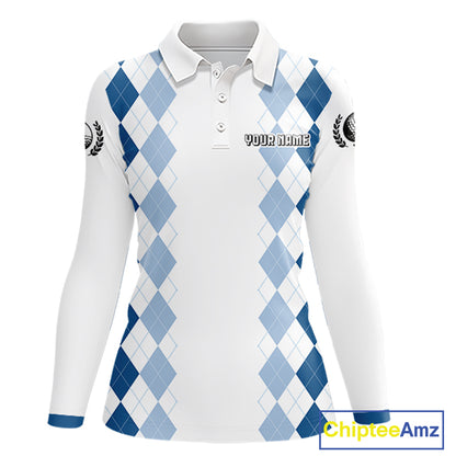 Womens Argyle Pattern Golf Polo Shirts, Blue Argyle Golf Attire Custom Golf Clubs Pattern Upf Shirts NYN2999