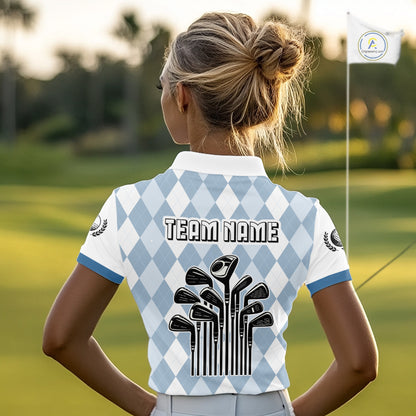 Womens Argyle Pattern Golf Polo Shirts, Blue Argyle Golf Attire Custom Golf Clubs Pattern Upf Shirts NYN2999
