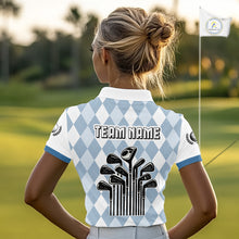 Load image into Gallery viewer, Womens Argyle Pattern Golf Polo Shirts, Blue Argyle Golf Attire Custom Golf Clubs Pattern Upf Shirts NYN2999