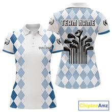 Load image into Gallery viewer, Womens Argyle Pattern Golf Polo Shirts, Blue Argyle Golf Attire Custom Golf Clubs Pattern Upf Shirts NYN2999