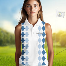 Load image into Gallery viewer, Womens Argyle Pattern Golf Sleeveless Polo Shirts, Blue Argyle Golf Attire Custom Golf Clubs Pattern Upf Shirts NYN2999