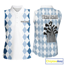 Load image into Gallery viewer, Womens Argyle Pattern Golf Sleeveless Polo Shirts, Blue Argyle Golf Attire Custom Golf Clubs Pattern Upf Shirts NYN2999