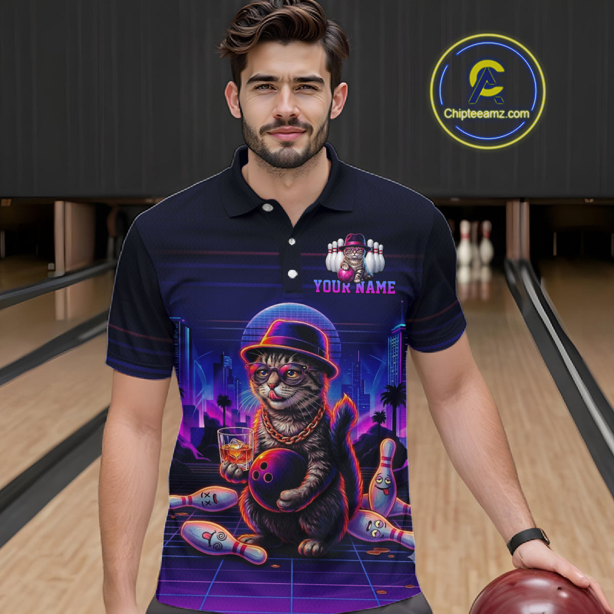Whisky Cat Funny Bowling Shirts For Men Custom Neon Bowling Polo & Quarter-Zip Jerseys NYN3416