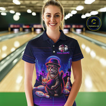 Load image into Gallery viewer, Whisky Cat Funny Bowling Shirt For Women Custom Neon Bowling Polo Quarter Zip Jersey