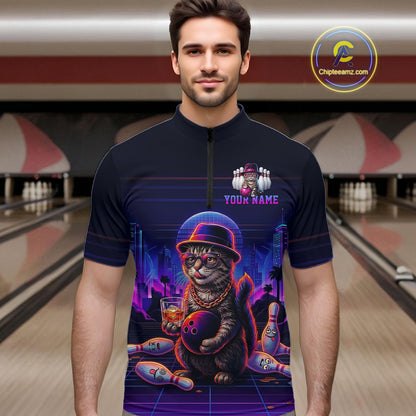Whisky Cat Funny Bowling Shirts For Men Custom Neon Bowling Polo & Quarter-Zip Jerseys NYN3416