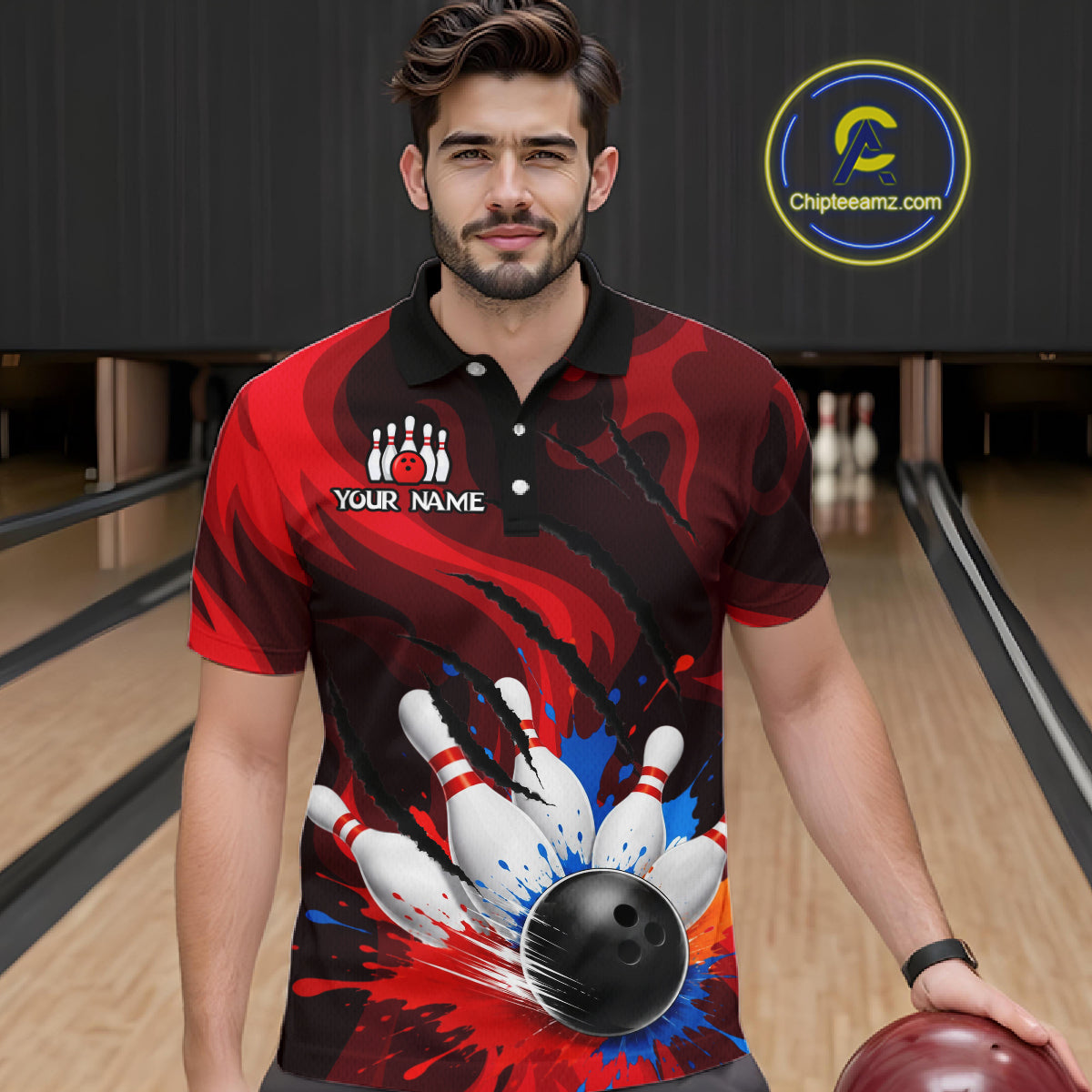 Custom Mens Bowling Colorful Splatter Pin & Ball Shirts, Black & Red Bowling Team Jerseys NYN3420