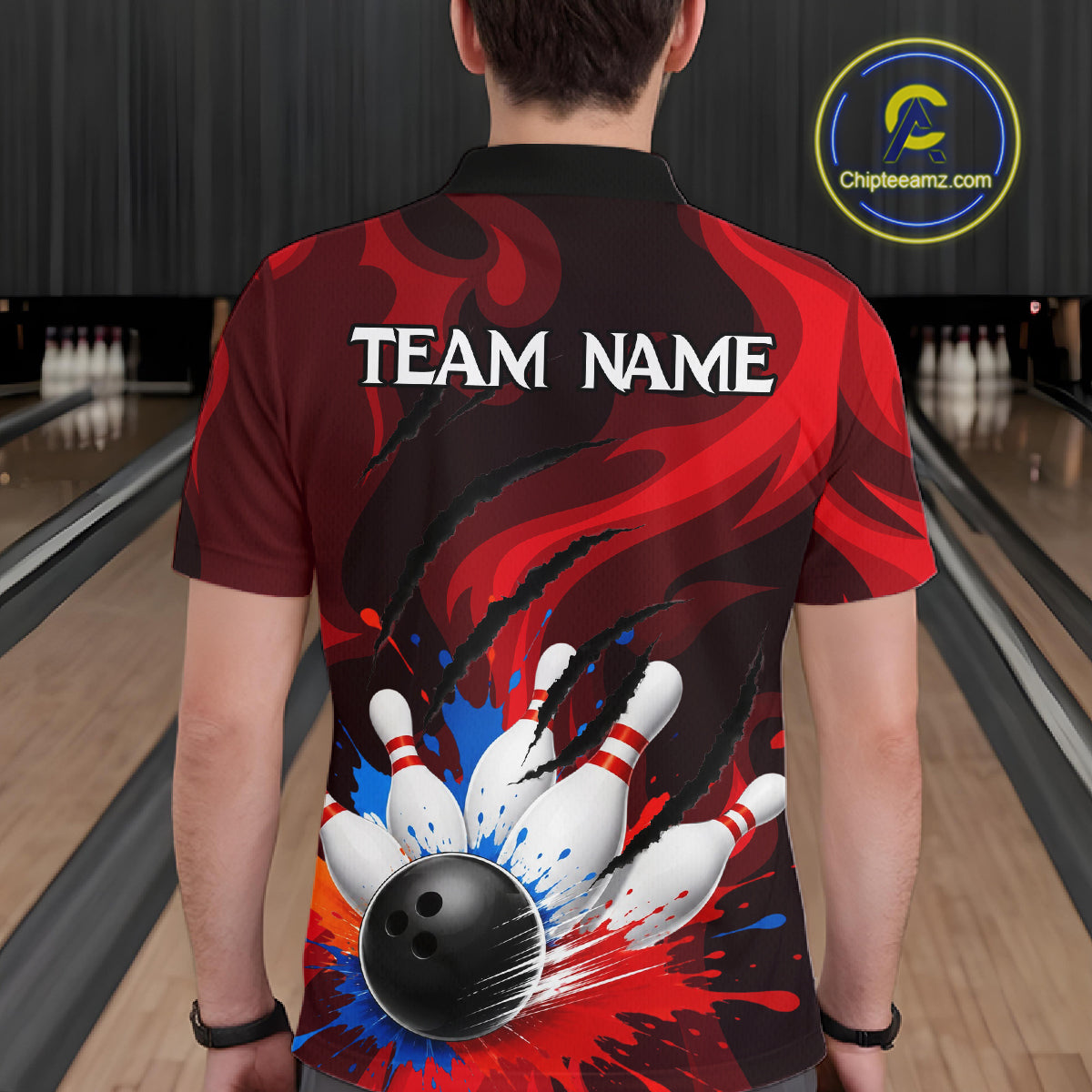 Custom Mens Bowling Colorful Splatter Pin & Ball Shirts, Black & Red Bowling Team Jerseys NYN3420